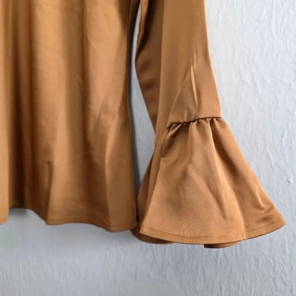 J. Crew Winter Garden Golden Brown Bell Sleeve Ruffle Satin Blouse Top Small NWT